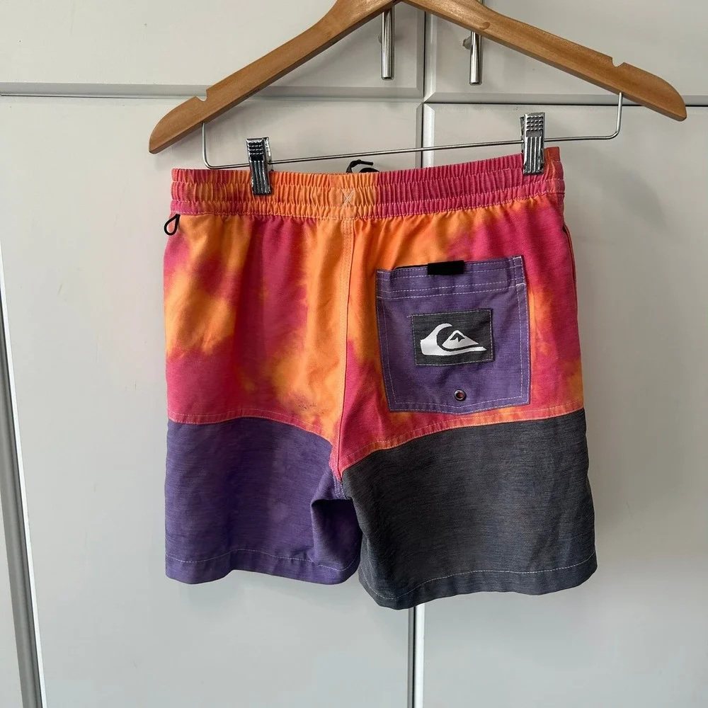 Quiksilver Boys Orange Pink Tie Dye Board Shorts Logo Swim Trunks Size L 14